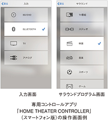 専用コントローラアプリ「HOME THEATER CONTROLLER」（スマートフォン版）の操作画面例